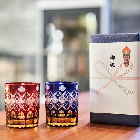 江戸切子 - 四ツ葉に矢来魚子紋 オールドグラス（琥珀ルリ） -【公式