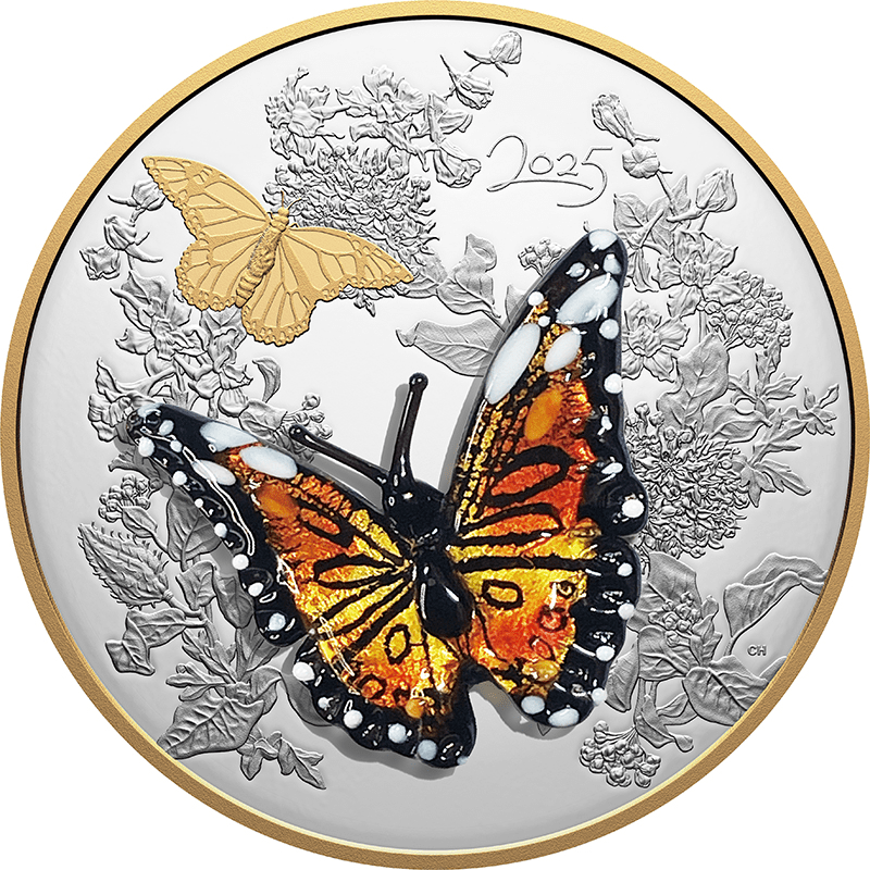 カナダ 2025年 オオカバマダラ 125ドルカラー銀貨金メッキ・ガラス付