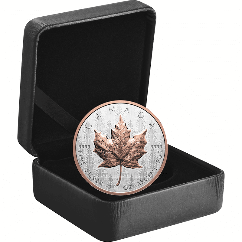 カナダ 2025年 メイプルリーフ 20ドル銀貨ローズゴールドメッキ付