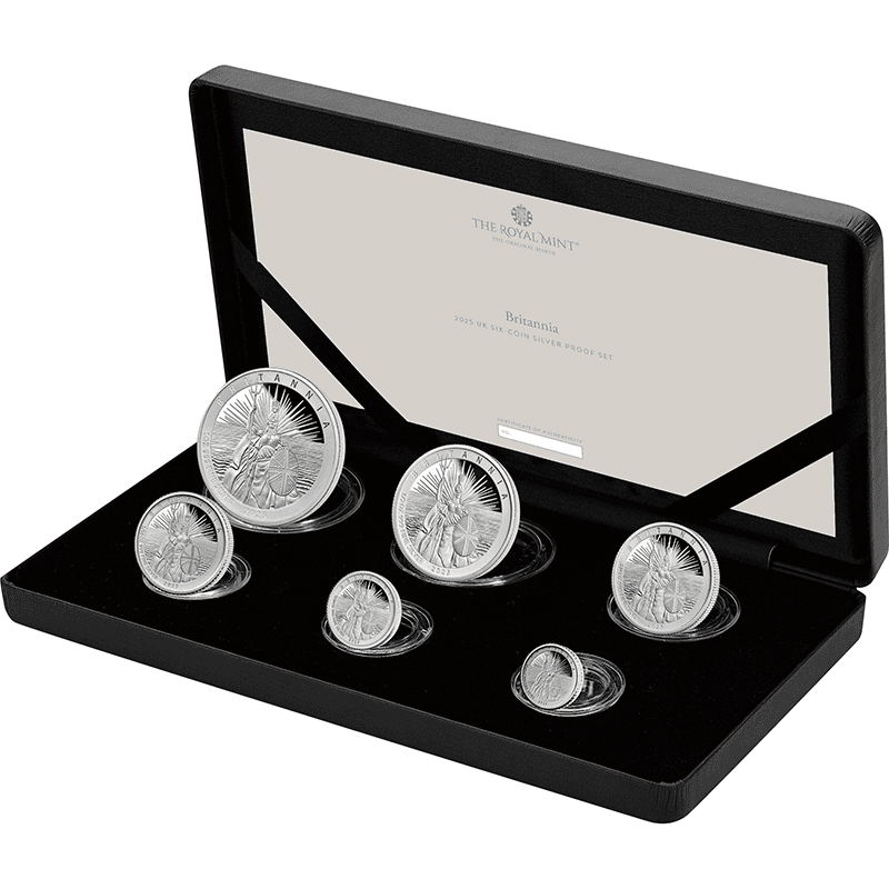 英国 2025年 ブリタニア 銀貨6種セット (5、10、20、50ペンス、1、2