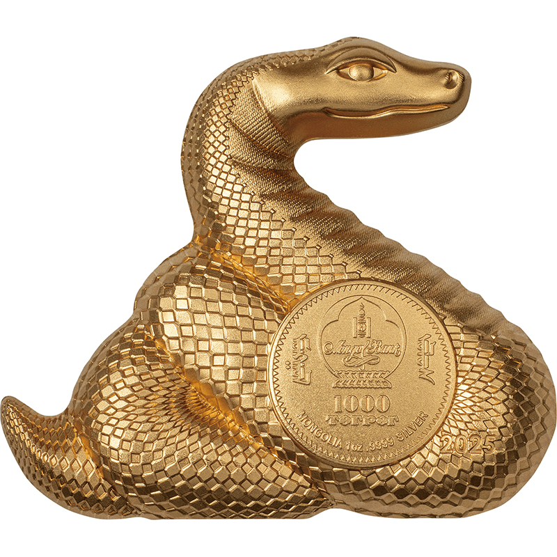 モンゴル 2025年 巳年蛇図 1000トグログ金メッキ銀貨 ヘビ型 未使用