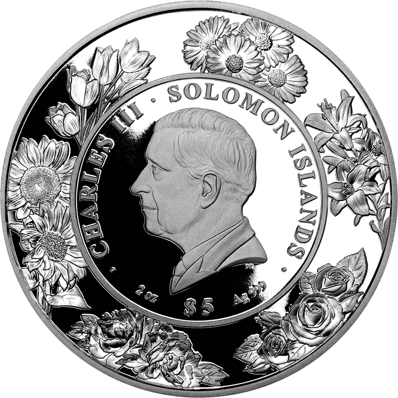 ソロモン諸島 2025年 魅力的なシャクヤクの花 5ドル銀貨天然真珠層・金