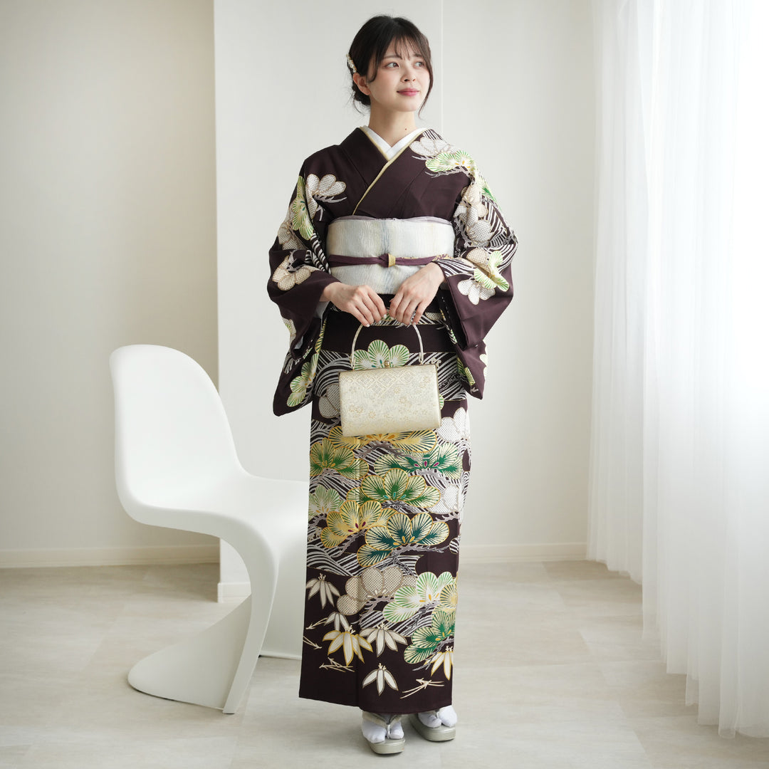 レンタル】 訪問着 20点セット 濃茶系 西陣織帯 丹後ちりめん 吉澤の