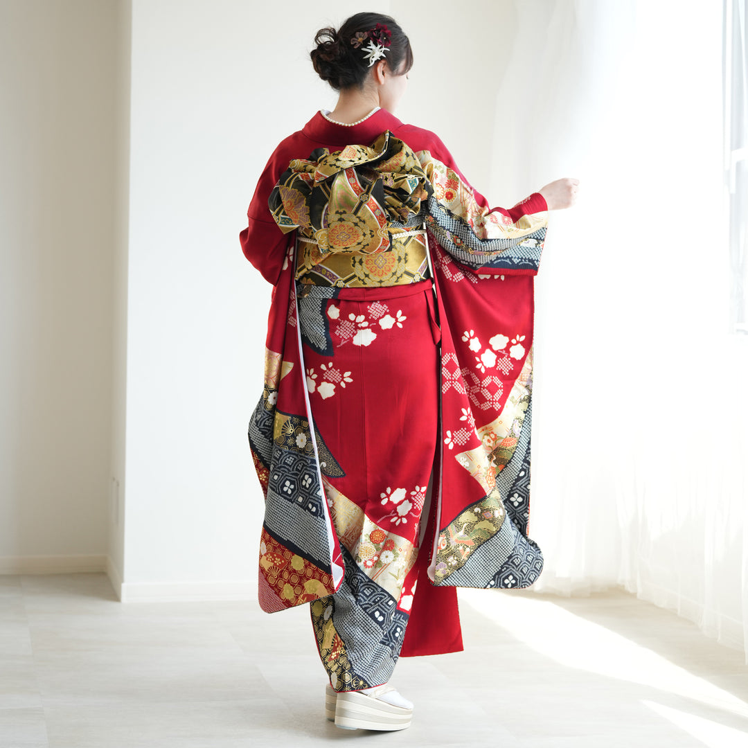 レンタル】 振袖 着物セット 正絹着物+正絹袋帯 21点セット 絵羽 成人