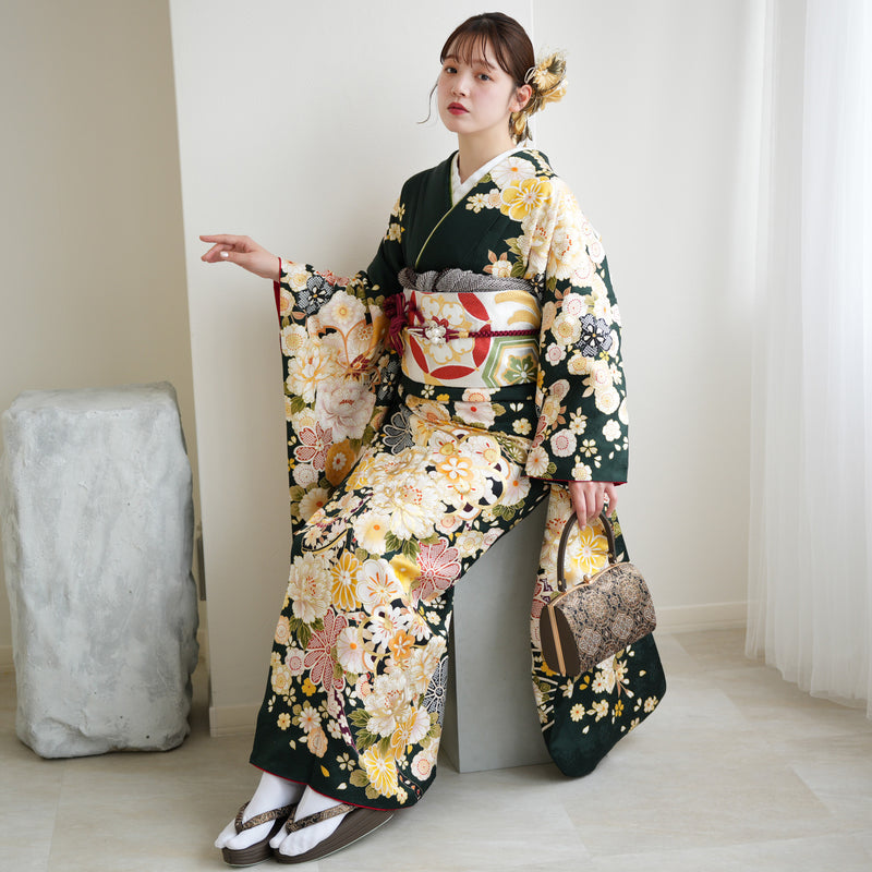 レンタル】振袖 正絹着物+袋帯 21点セット 絵羽 深緑に古典花霞