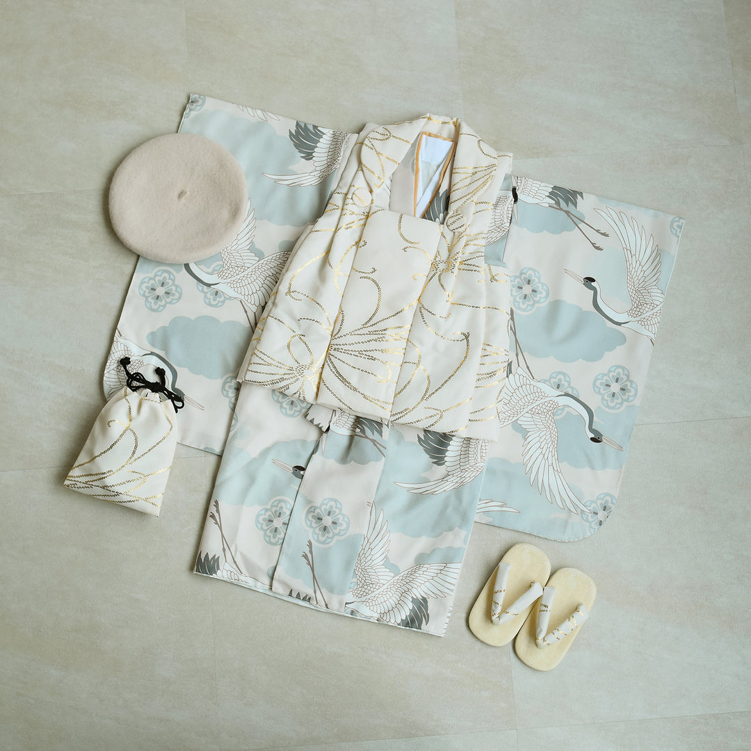 レンタル】七五三着物 3歳男の子 被布セット クリーム金彩×ミント吉祥