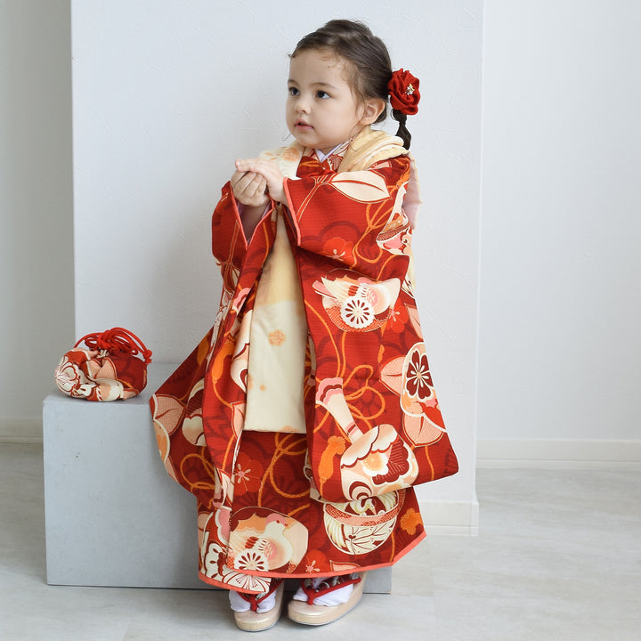 レンタル】七五三着物 3歳女の子 被布セット 京舞 雪輪に梅・薄橙