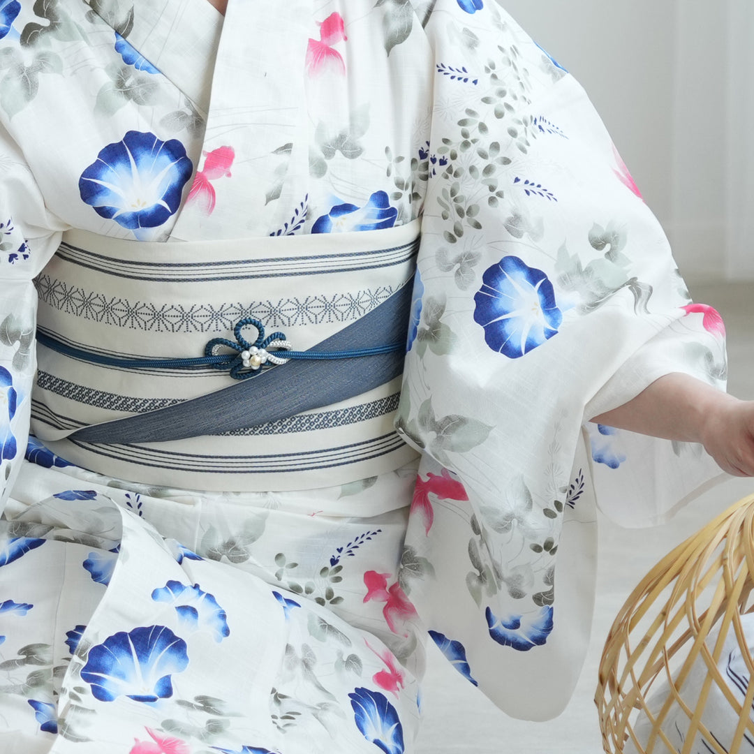 高級変わり織 浴衣3点セット ( ゆかた・帯・下駄 ) クリームに朝顔金魚