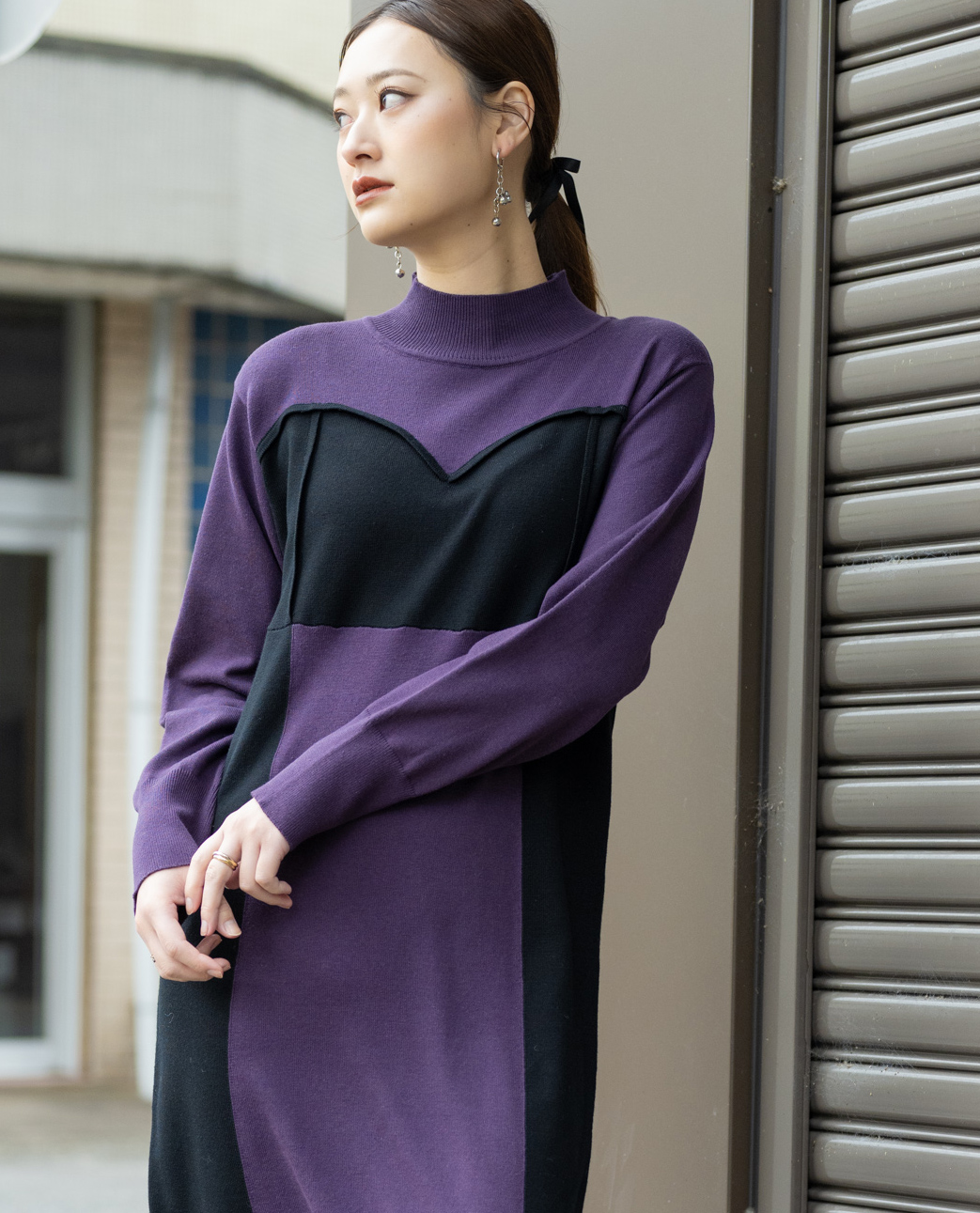 ビスチェ風配色切替ニットワンピース - YEVS