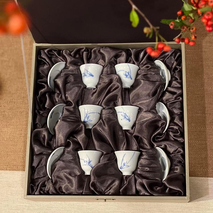 茶香自在】曉芳窯蔡曉芳大師青花手繪蘭草品茗杯六個對杯禮盒裝手工茶具