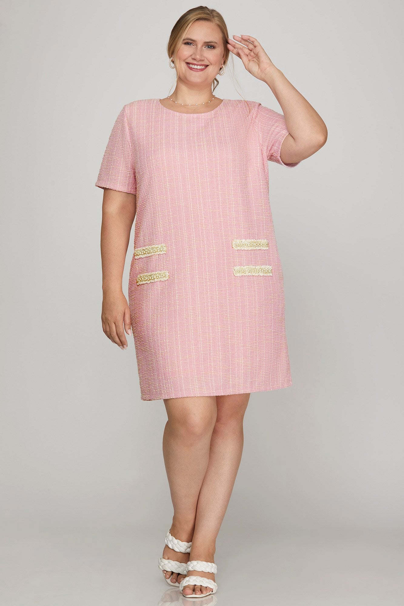Pearl Trim Tweed Short Sleeve Dress-Pink – Riley Reigh / Mod Market