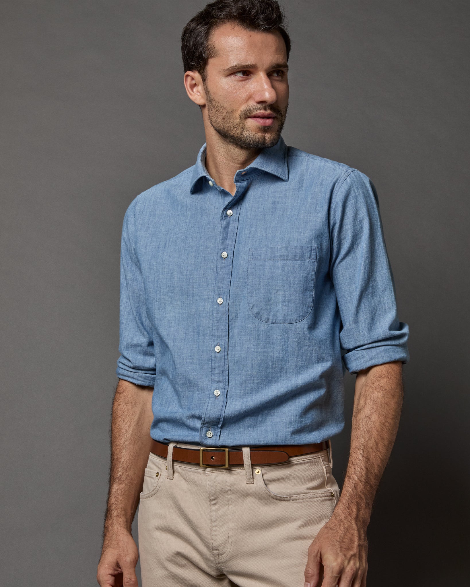 Spread Collar Sport Shirt in Extra Light Washed Indigo Chambray