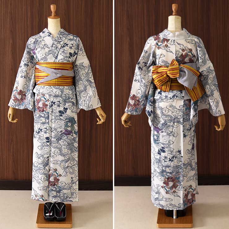 洗える 浴衣 ] 風神雷神猫（オフシロ 105-337-017-03）ゆかた バチ衿