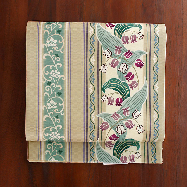 京袋帯 一重太鼓 すずらん献上 (グレージュ) 日本製 ベージュ 花柄