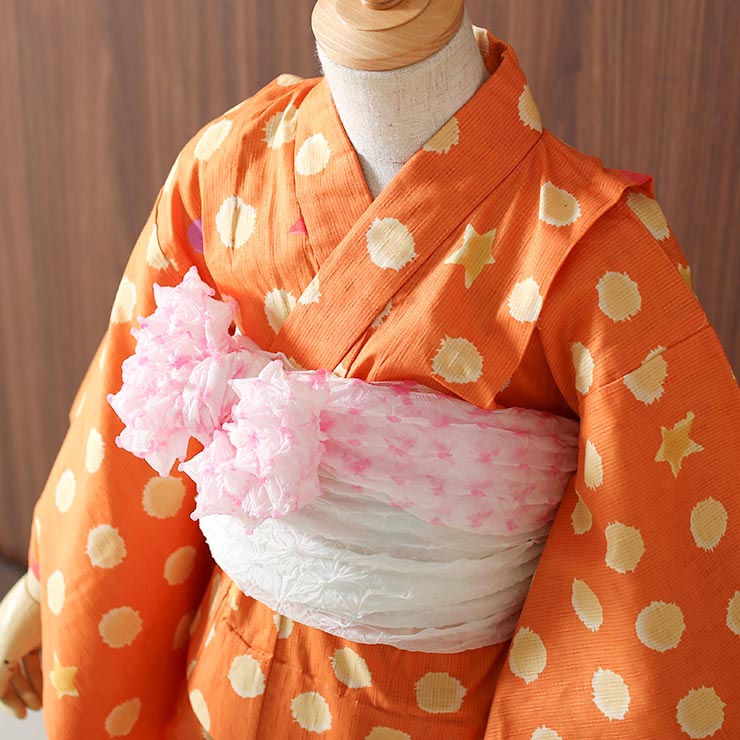 100cm対応] こども 浴衣 染 ドット オレンジ (4TY-12) 橙 水玉 星