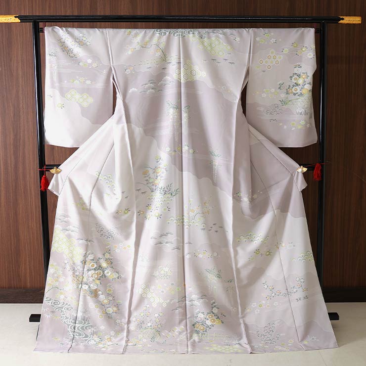 仮絵羽仕立て訪問着] オーダー 訪問着 琳派調 花筏道長紋様(グレー) 袷
