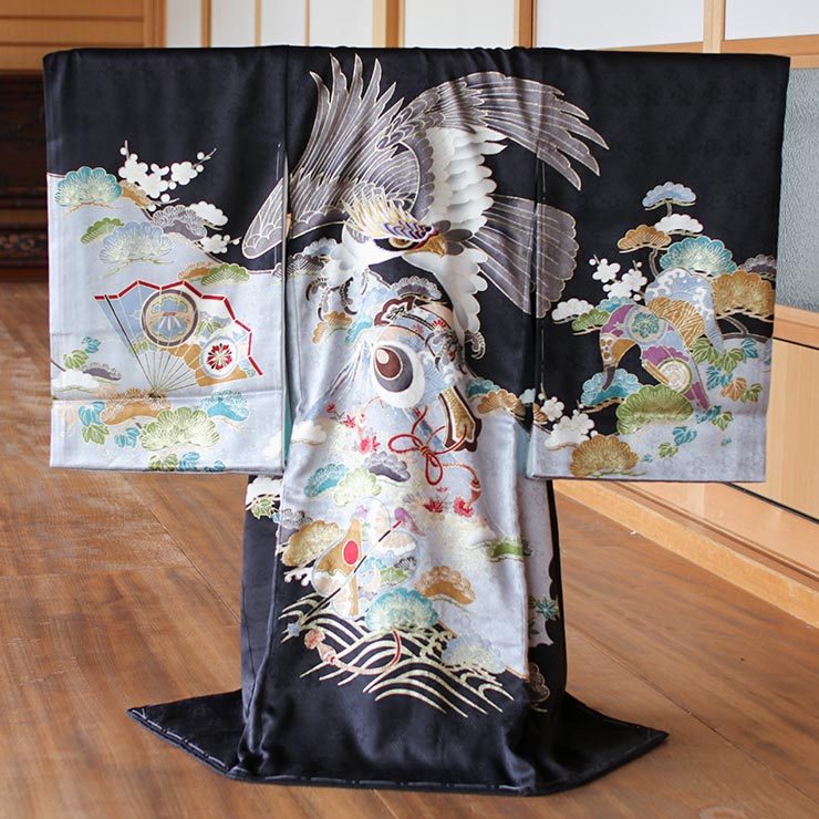 正絹] お宮参り 男の子 初着 産着 鷹と小槌に富士 黒色 のしめ 一つ身