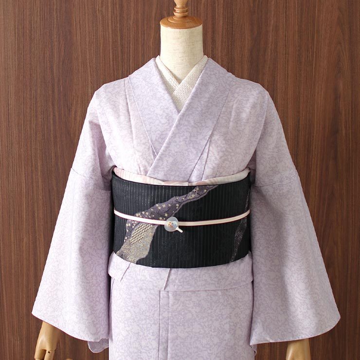 帯 名古屋帯 洗える 京袋名古屋帯 単衣 用 道長取りに唐草 黒 日本製