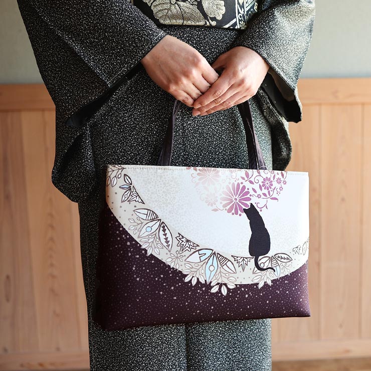 日本製] 召しませ花 和装バッグ 花月夜見の黒猫 ダークブラウン