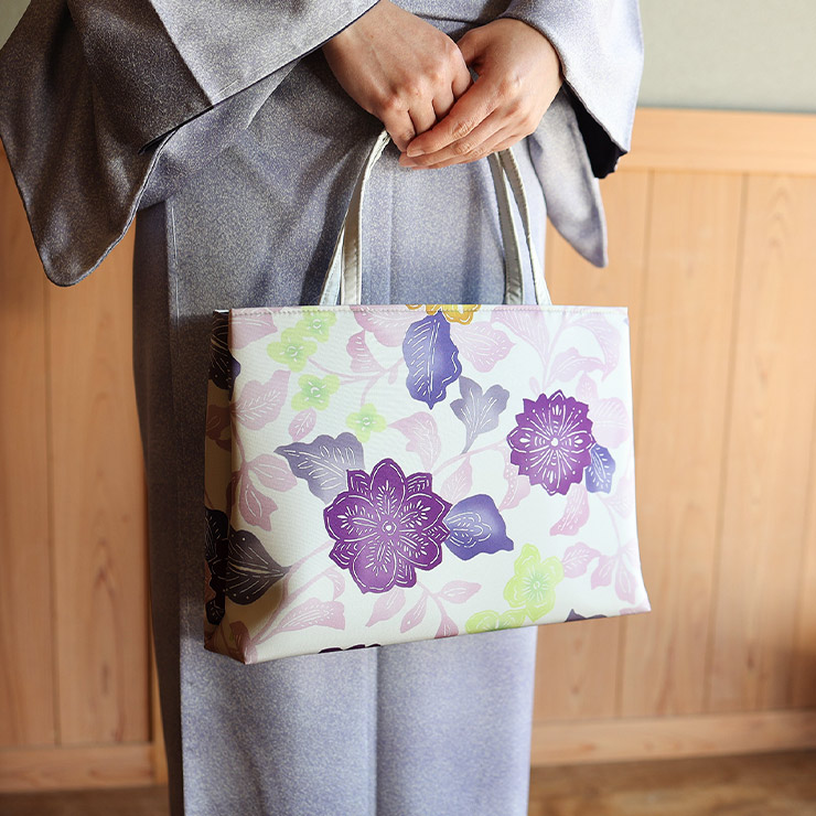 日本製] 召しませ花 和装バッグ さらさ花 オフホワイト パープル