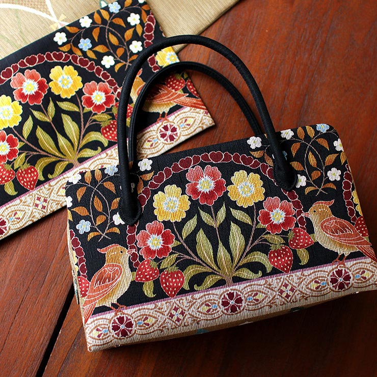 お洒落バッグ] 利休バッグ いちご泥棒 黒 日本製 更紗 カジュアル 普段