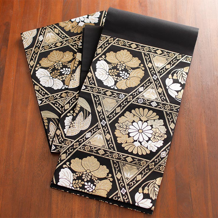 東レシルック糸使用 洗える 袋帯 籠目に花丸紋 ブラック × ゴールド