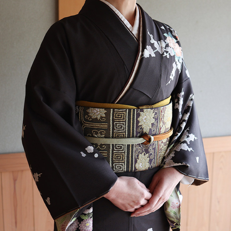 日本製 東レシルック 糸使用 洗える 袋帯 宝相華横段 ブラウン 茶色 二