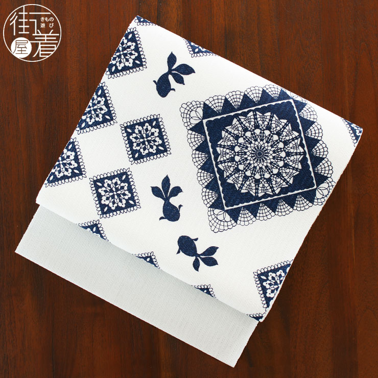 夏帯] 夏名古屋帯 幾何学模様と金魚 (麻/オフシロ/紺) リネン 日本製