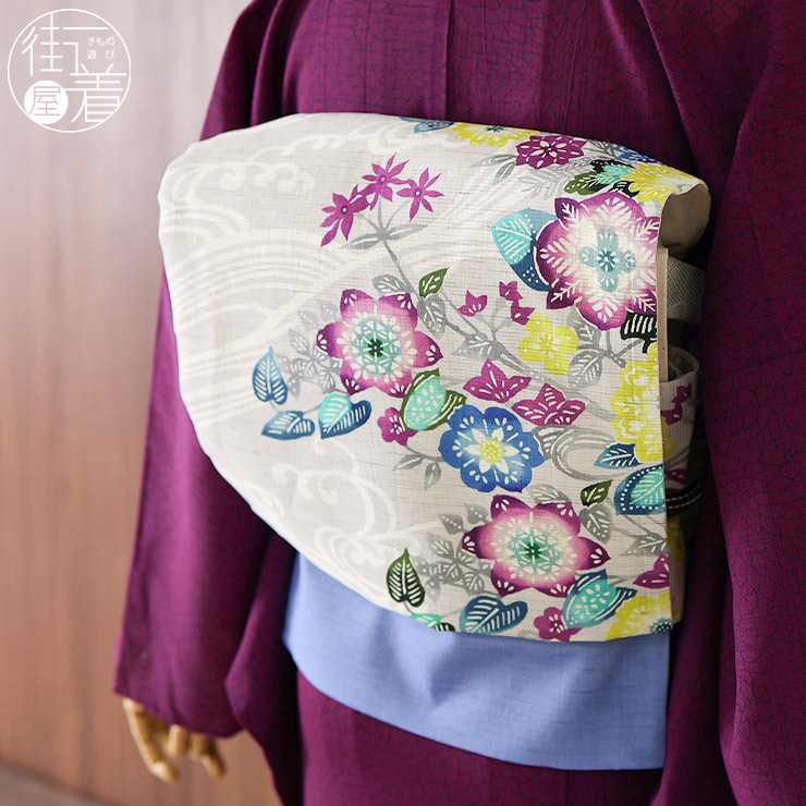 夏帯 夏 名古屋帯 花波 薄グレー 日本製 花柄 カラフル 紫 召しませ花