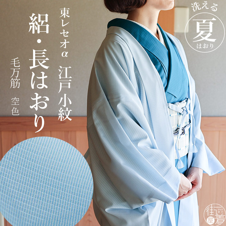 洗える羽織] 絽 江戸小紋 長羽織 毛万筋 空色 ブルー 水色 青色 縦縞