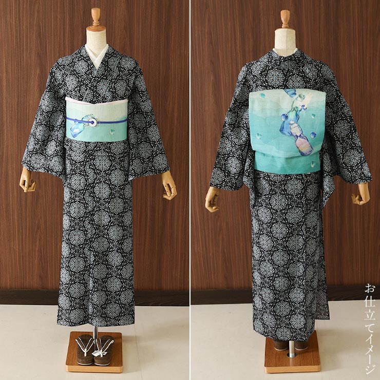 セオα 浴衣 反物 花万華鏡 (黒地×ブルー) 洗える ゆかた 夏きもの 月華