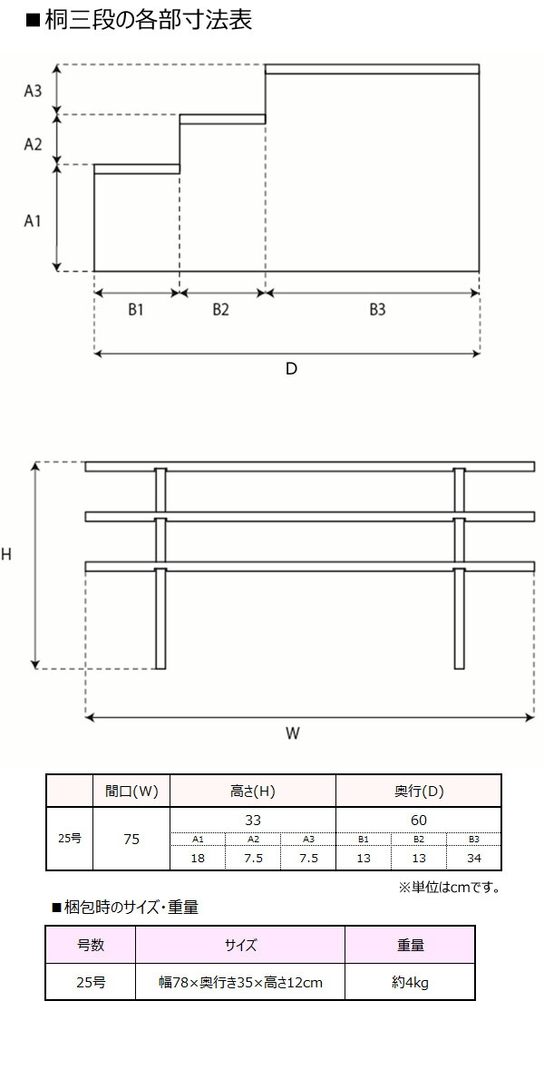 25号 間口75cm 三段 桐製 ひな壇 (白木) ひな段 雛人形用 ひな人形用