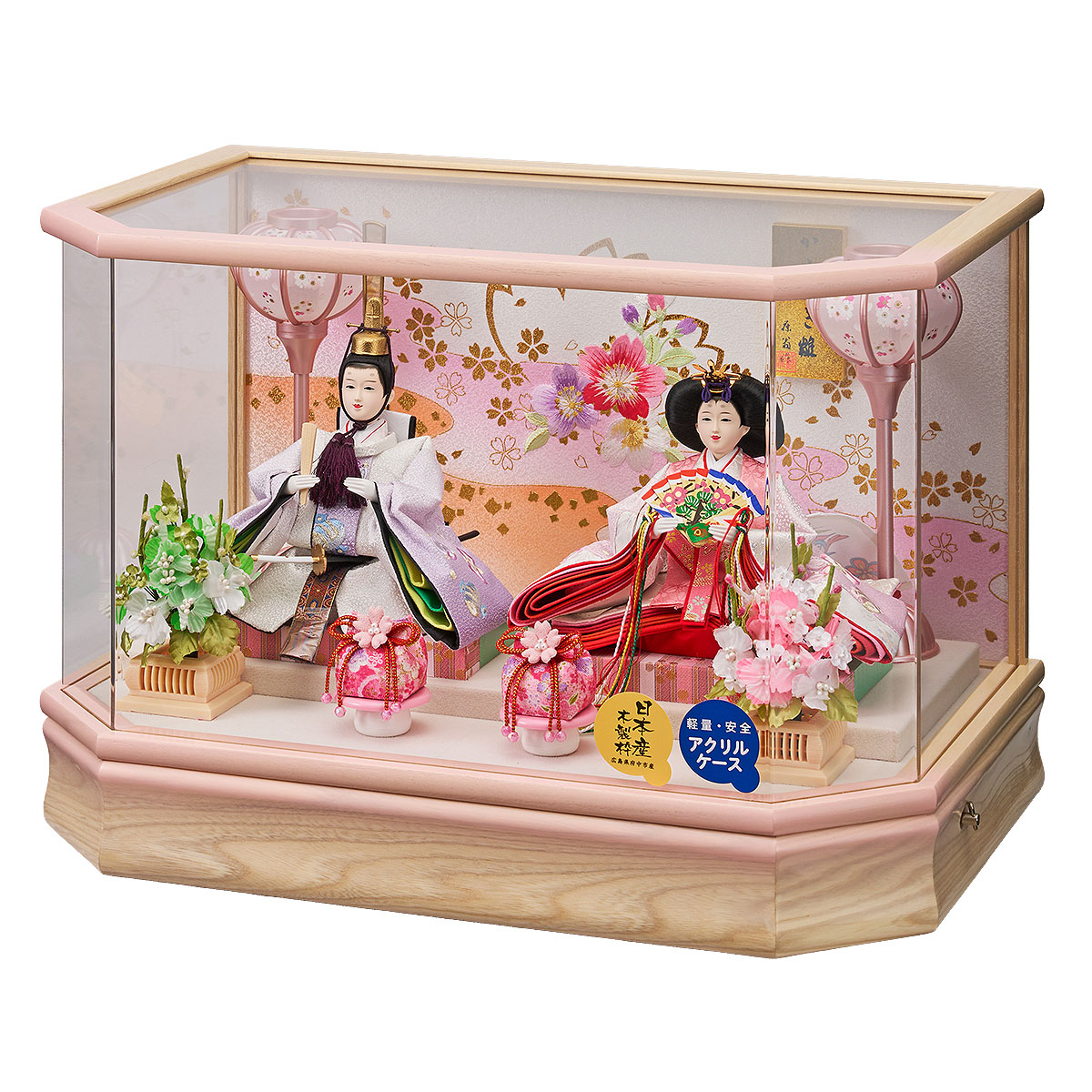 雛人形 ケース飾り ゆきな 小三五親王飾り 白木 木目 六角 ホワイト