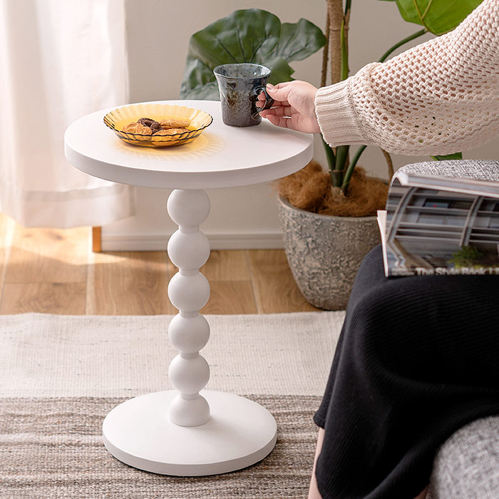 円形木製サイドテーブル 直径35cm ラウンドテーブル 無垢材 木目 白