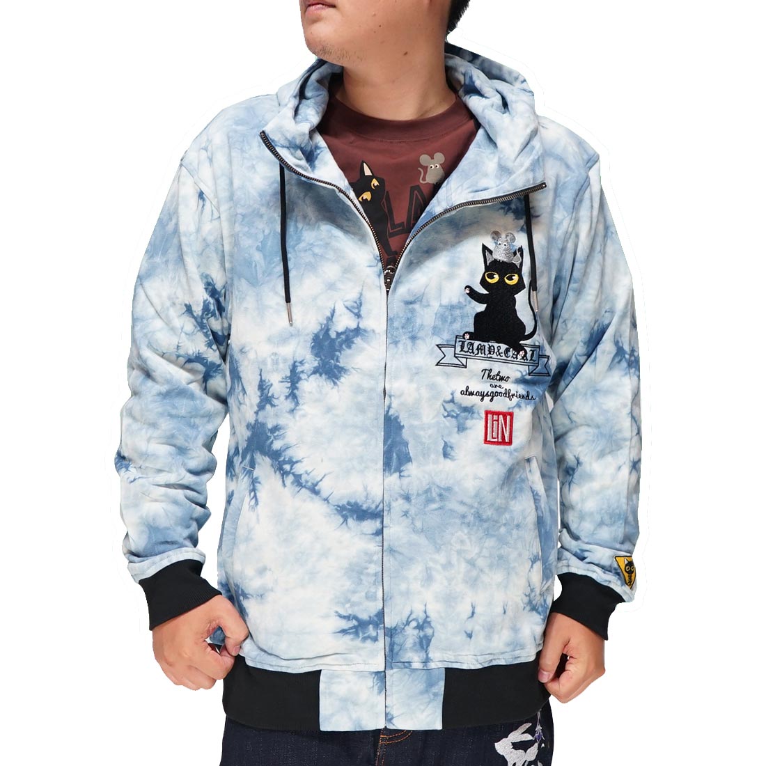 LIN 和柄 長袖 メンズ パーカー 黒猫のLamyとネズミのEarl ラミ