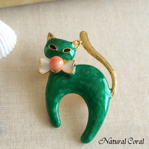 ピンク珊瑚 ぴんくさんご ブローチ 玉 ネコ ナチュラルコーラル : 珊瑚