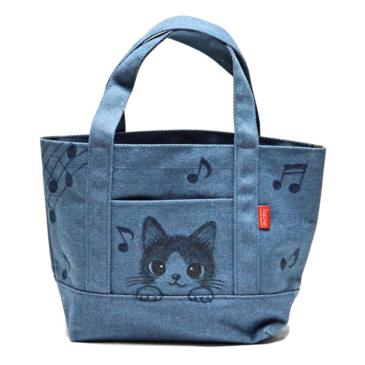 猫丸みど 手描き デニムミニトートバッグ 可愛い猫イラスト(招き