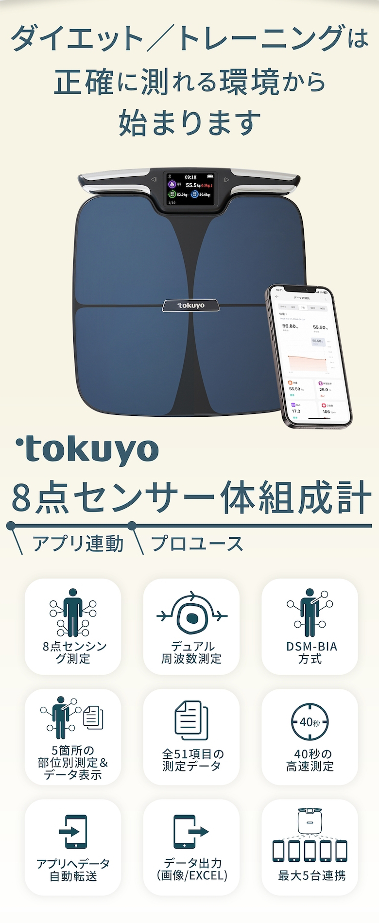 tokuyo 8点センサー 体組成計 高精度測定 ジムレベル 最大51項目 正確