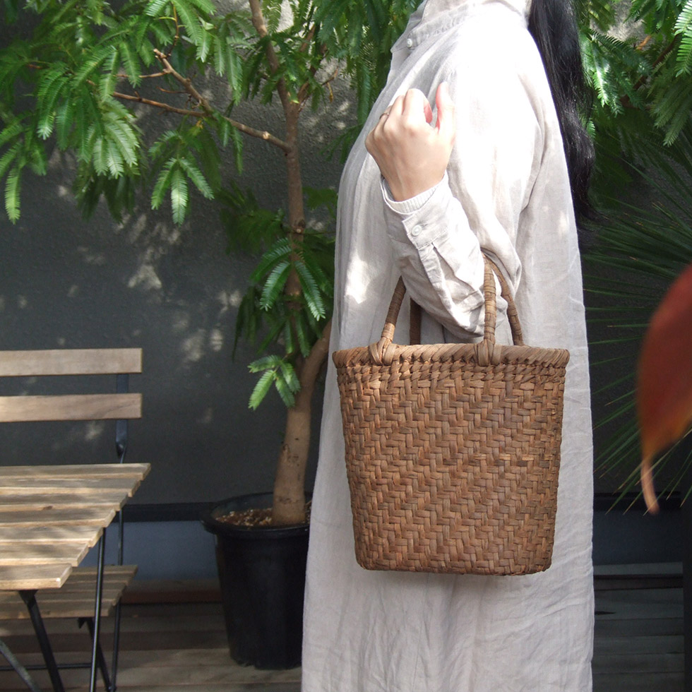 純国産 信州長野県 山葡萄かごバッグ 網代編み8mm 逆台形型 上 柿渋染