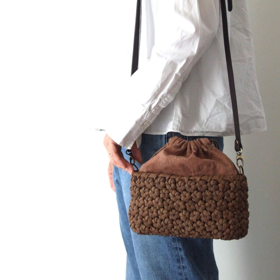 純国産 山葡萄かごバッグ 特上六角花模様編み 本革ショルダー