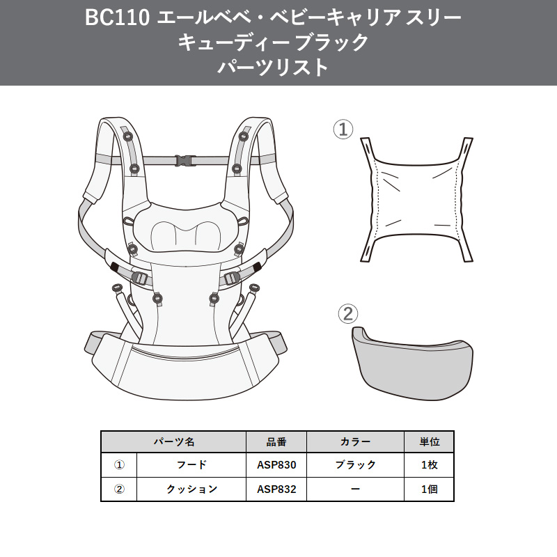 エールベベ AILEBEBE 抱っこ紐 補修パーツ ASP830 フード ブラック