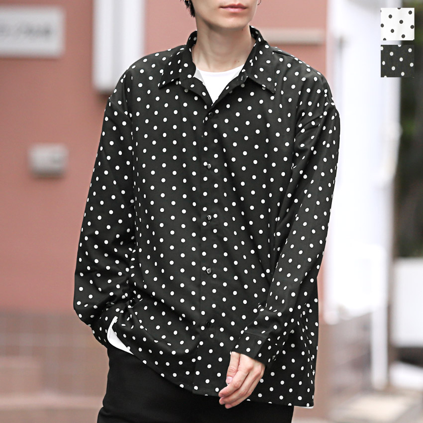 レギュラーカラー ドット柄 シャツ 長袖 メンズ レディース 水玉 白 黒