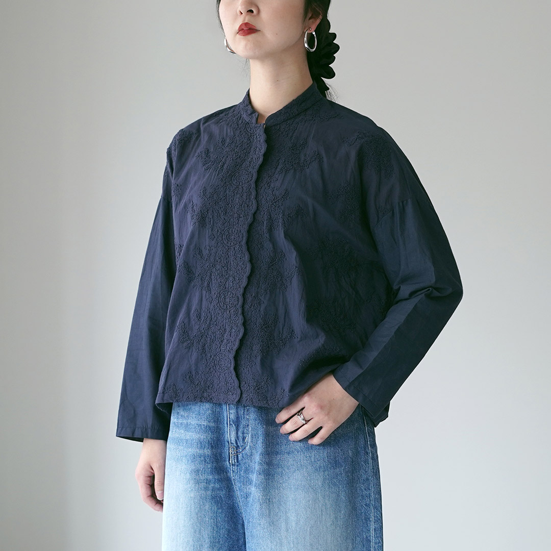 mizuiroind（ミズイロインド） レース スタンドカラー シャツ