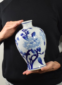 A＆B HOME ブルーホワイトピオニー 青白陶器牡丹柄壷 花瓶 陶器置物