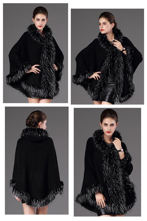 ケープショールコート カシミヤ フード付き フェイクファー ポンチョ