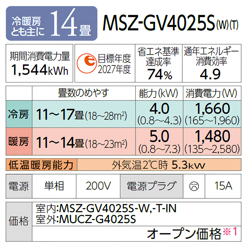 霧ヶ峰 標準取付工事費込 エアコン 14畳用 三菱電機 2025年モデル GV