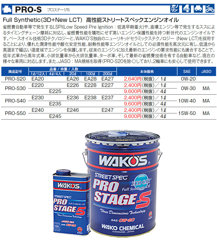 WAKO'S ワコーズ プロステージS20 粘度(0W-20) PRO-S20 EA20 [1L