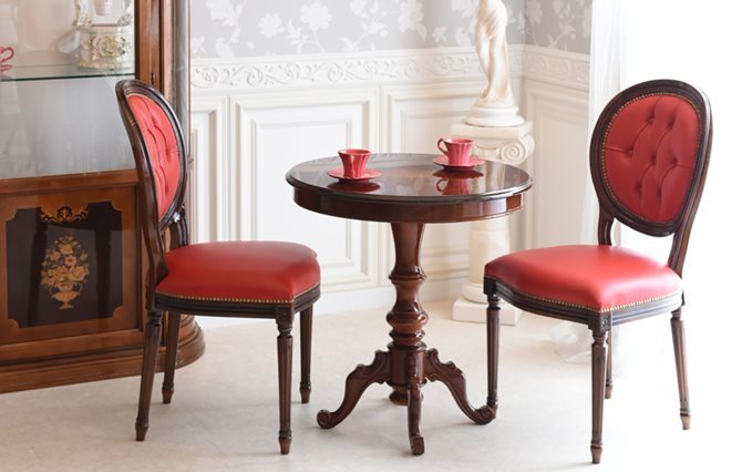 イタリア製 ルネッサンスItalia 象嵌70φ猫脚テーブル・本革ダイニング3