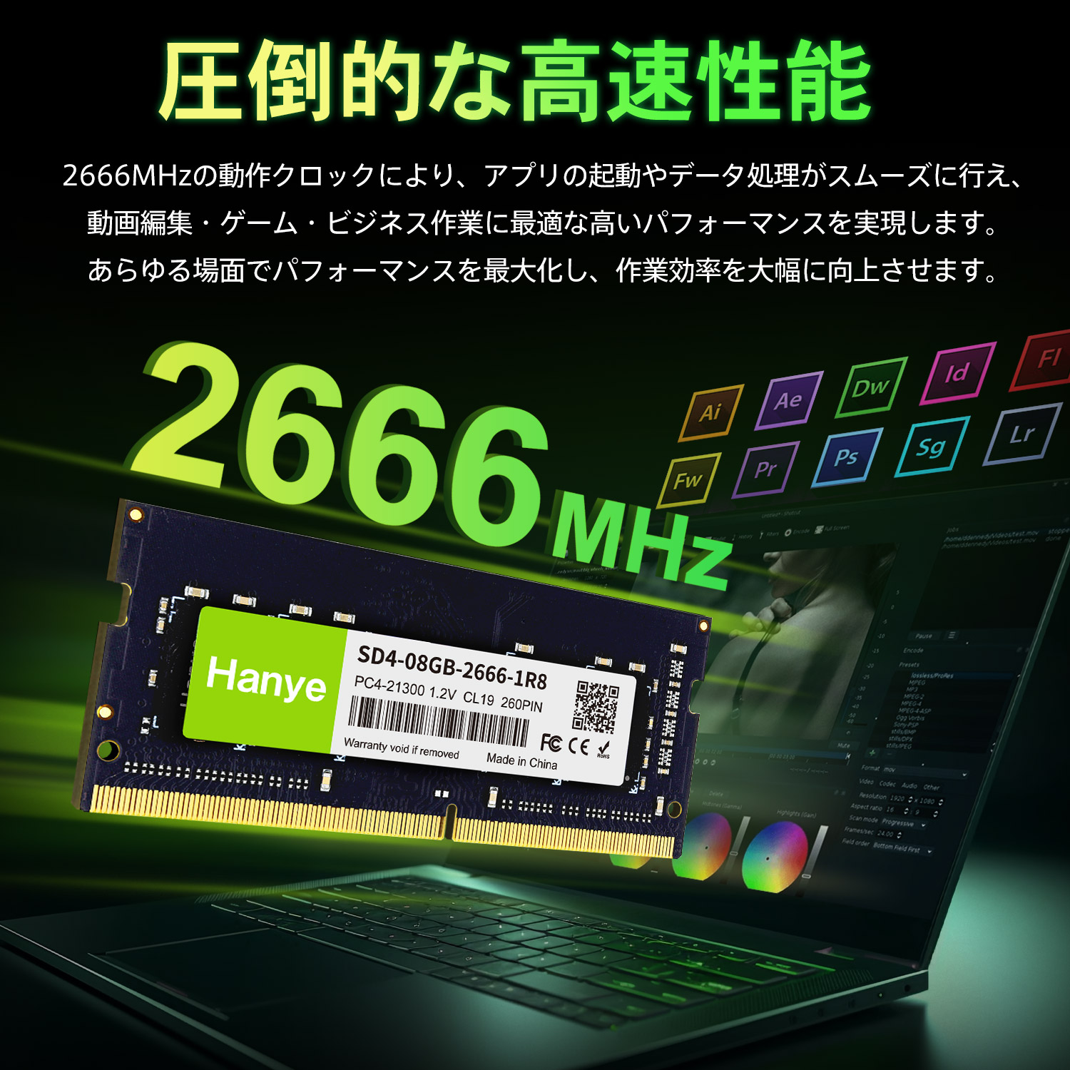 Hanye ノートPC用メモリ PC4-21300(DDR4-2666) 8GB SODIMM Hanye 1.2V