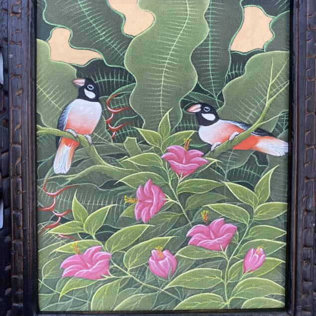 バリ絵画 ブンゴセカン 鳥の絵 花と鳥 2柄 W33×H38cm (1480) 花鳥風月